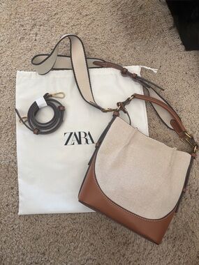 ZARA Beige Canvas Shoulder Bag with Brown Leather Trim